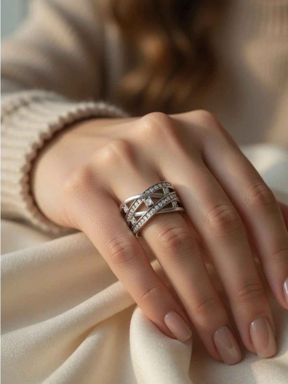 1/2 CTTW Genuine Natural Diamond Crisscross Multi Row Band 925 Sterling Silver